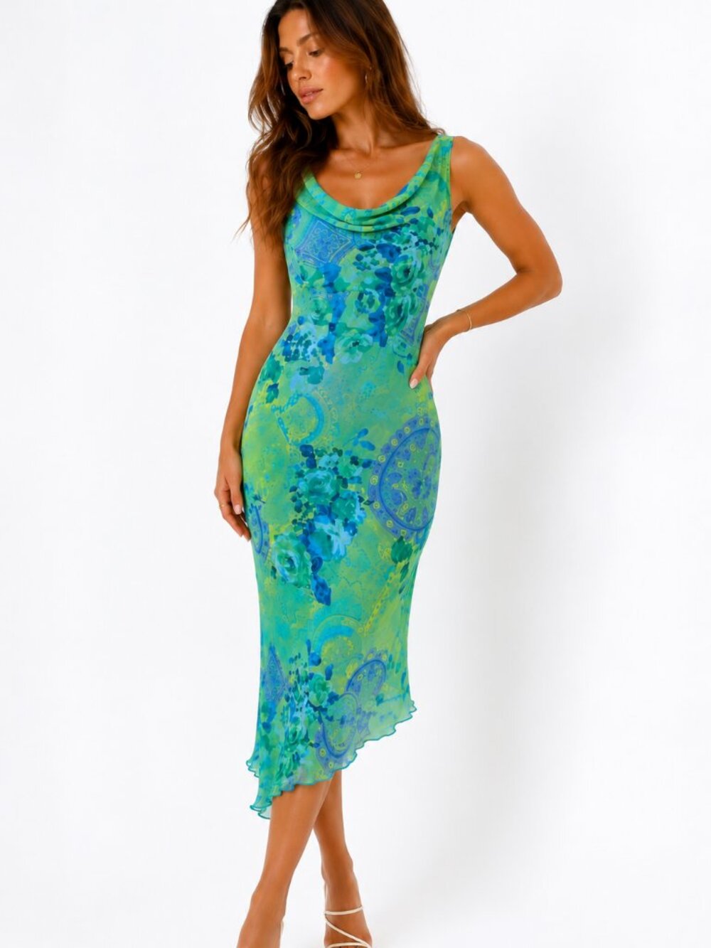My Michelle Y2K Floral Mesh Midi Dress Green Blue Cowl Neck Med 7/8